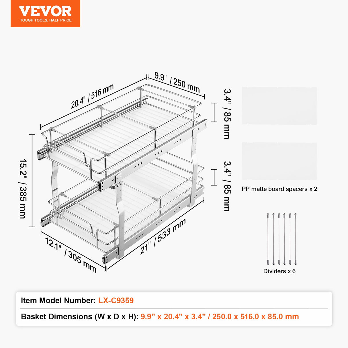 12"Wx21"Dx15"H Pull Out Cabinet Organizer, Heavy Duty Slide Out Pantry Shelves, Steel Roll Out Drawers, Sliding Drawer Storage for Home Under Sink, 13.5"Wx22"Dx18"H Install Size for Cabinet