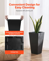VEVOR Tall Planter, Set of 2 Tall Square Tapered Planters, 57 cm Large Modern Gardening and Flower Plastic Pots, Decorative Tall Black Planter with Drainage Hole, for Porch, Patio, Indoor & Outdoor - Front View