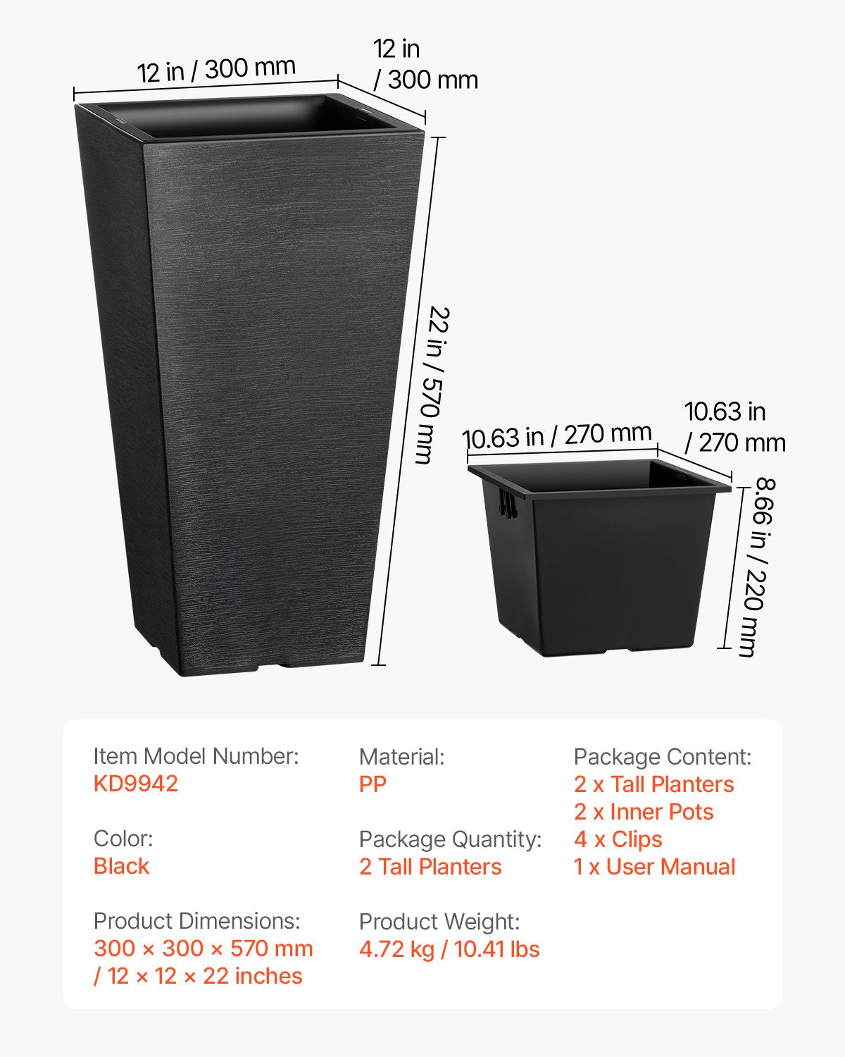 VEVOR Tall Planter, Set of 2 Tall Square Tapered Planters, 57 cm Large Modern Gardening and Flower Plastic Pots, Decorative Tall Black Planter with Drainage Hole, for Porch, Patio, Indoor & Outdoor