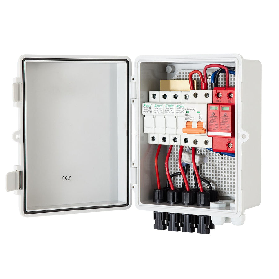 PV Combiner Box, 4 String with 15A Rated Current Fuse, 63A Circuit Breaker, Lightning Arreste Connector for On/Off Grid Solar Panel System, IP65