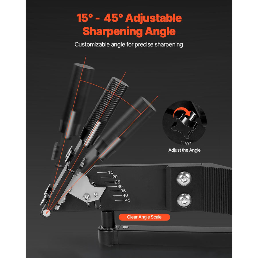 Lawn Mower Blade Sharpener, 15° - 45° Adjustable Lawnmower Blade Sharpening Tool with 4 Adapter Pins, Ball Bearing Design & 25mm Enlarged Handle, Compatible with Most Angle Grinders