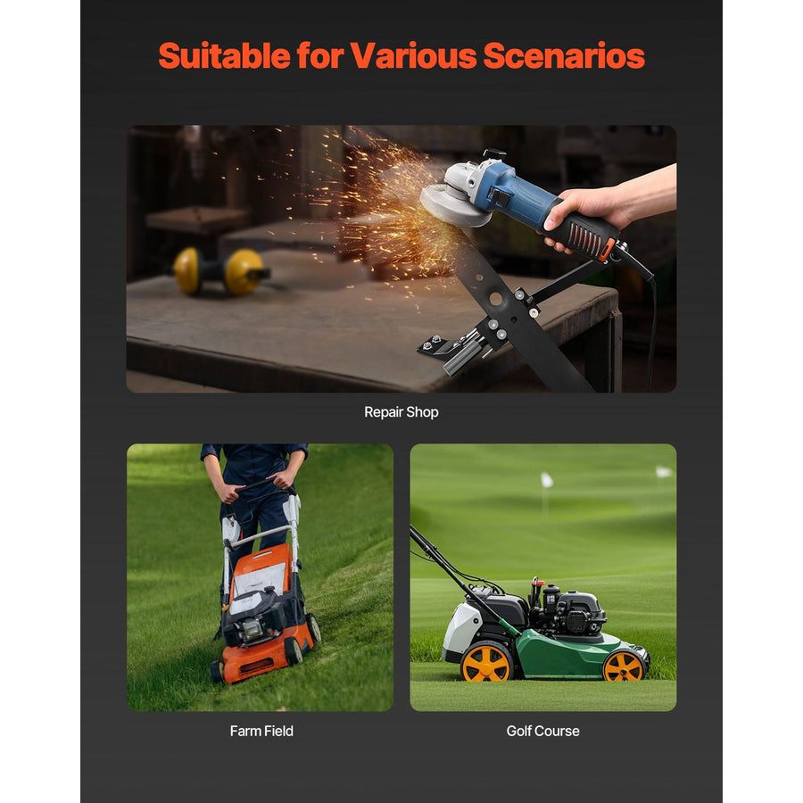 Lawn Mower Blade Sharpener, 15° - 45° Adjustable Lawnmower Blade Sharpening Tool with 4 Adapter Pins, Ball Bearing Design & 25mm Enlarged Handle, Compatible with Most Angle Grinders