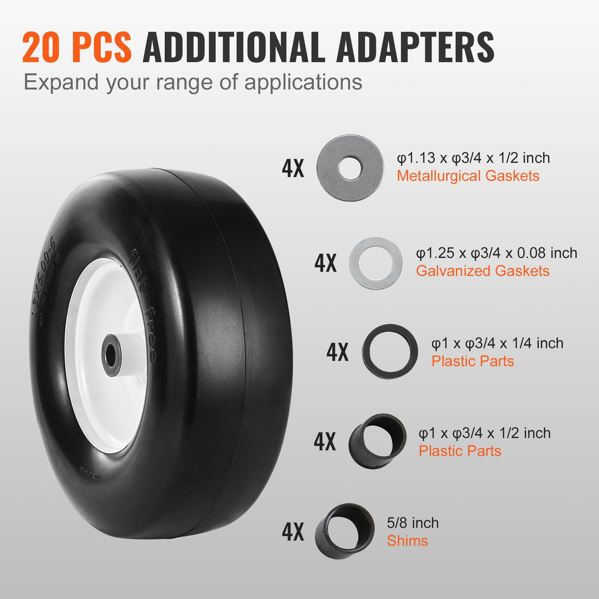 Lawn Mower Tires with Rim, 13x5-6" Tubeless Tractor Tires, 2-Pack Tire and Wheel Assembly, Flat-free PU Tires, 3.25"-5.9" Centered Hub, 3/4" Bushing Size, 20 PCS Adapter for Lawn Mowers Tractors