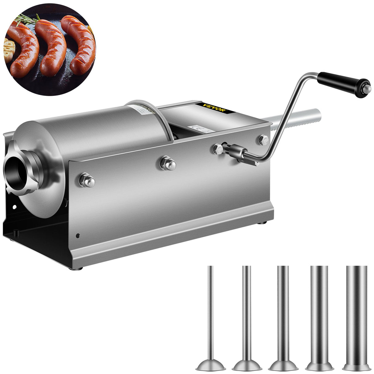 VEVOR Manual Sausage Stuffer, 3 L / 7 LBS Horizontal Sausage Machine, Dual-Speed Meat Stuffer, Made of Food-Grade 304 Stainless Steel, Includes 5