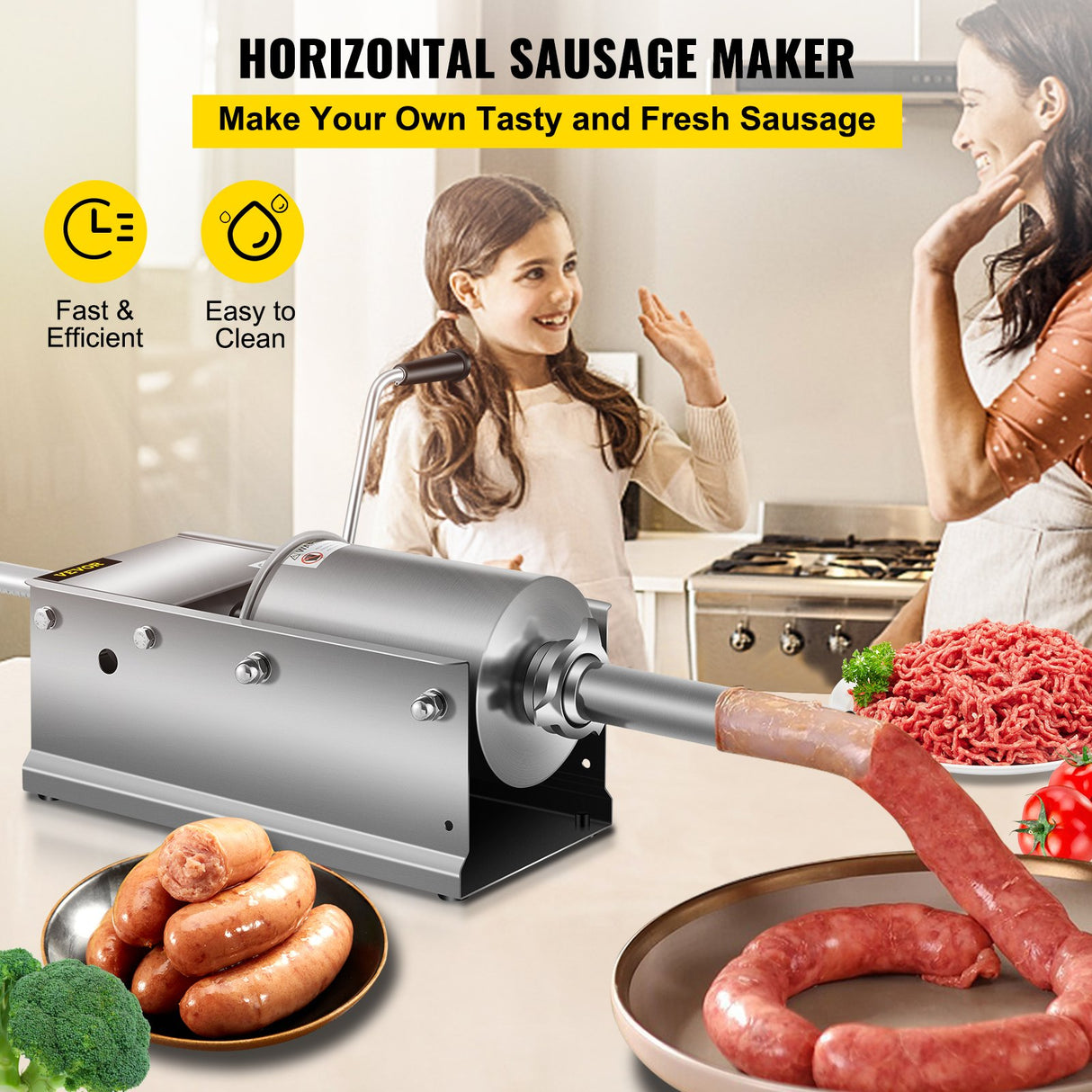 VEVOR Manual Sausage Stuffer, 3 L / 7 LBS Horizontal Sausage Machine, Dual-Speed Meat Stuffer, Made of Food-Grade 304 Stainless Steel, Includes 5