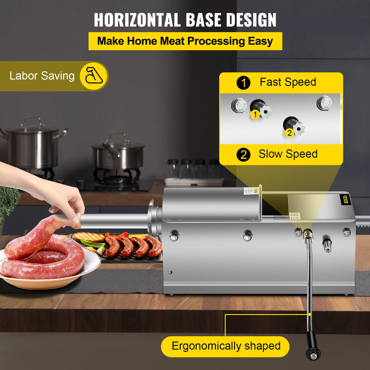 VEVOR Manual Sausage Stuffer, 3 L / 7 LBS Horizontal Sausage Machine, Dual-Speed Meat Stuffer, Made of Food-Grade 304 Stainless Steel, Includes 5
