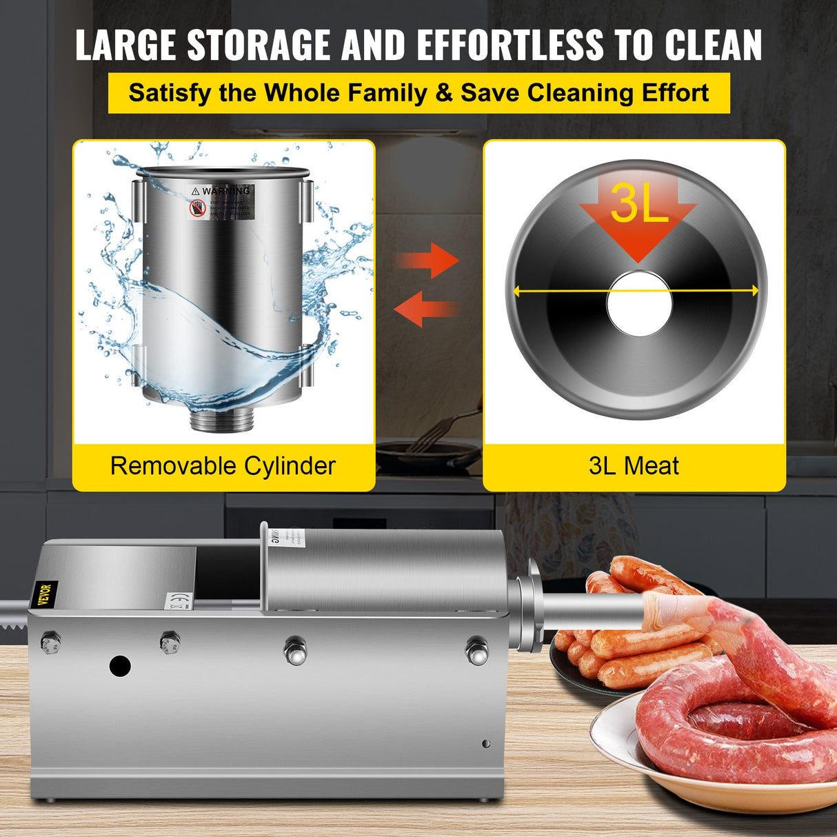 VEVOR Manual Sausage Stuffer, 3 L / 7 LBS Horizontal Sausage Machine, Dual-Speed Meat Stuffer, Made of Food-Grade 304 Stainless Steel, Includes 5