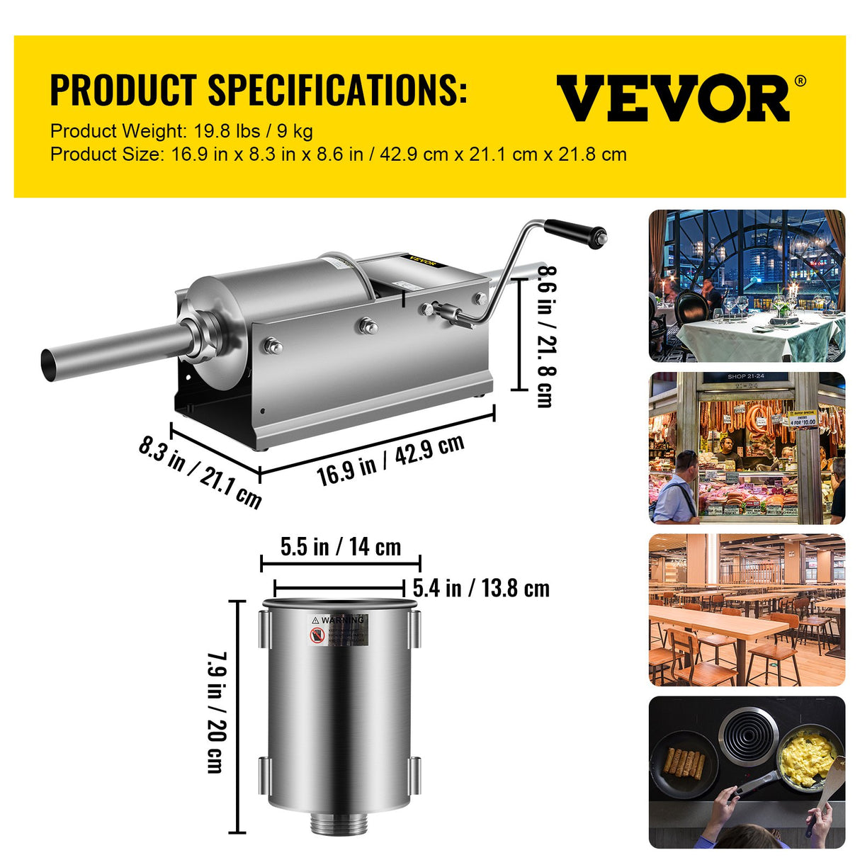 VEVOR Manual Sausage Stuffer, 3 L / 7 LBS Horizontal Sausage Machine, Dual-Speed Meat Stuffer, Made of Food-Grade 304 Stainless Steel, Includes 5 Stuffing Tubes, for Home Kitchen Restaurant Commercial