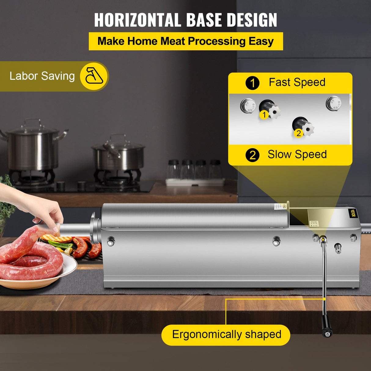 VEVOR Manual Sausage Stuffer, 7 L / 15 LBS Horizontal Sausage Machine, Dual-Speed Meat Stuffer, Made of Food-Grade 304 Stainless Steel, Includes 5
