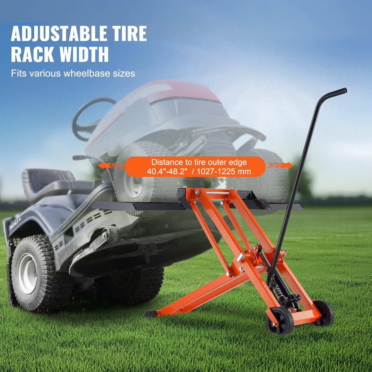 VEVOR Lawn Mower Lift with Hydraulic Jack, 500 Lbs Weight Capacity, Solid Carbon Steel Lawn Mower Lift, Adjustable Movable Lawn Lifter for Riding Tractors and Zero Turn Lawn Mowers, Orange