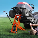 VEVOR Lawn Mower Lift with Hydraulic Jack, 500 Lbs Weight Capacity, Solid Carbon Steel Lawn Mower Lift, Adjustable Movable Lawn Lifter for Riding Tractors and Zero Turn Lawn Mowers, Orange - Low Angle
