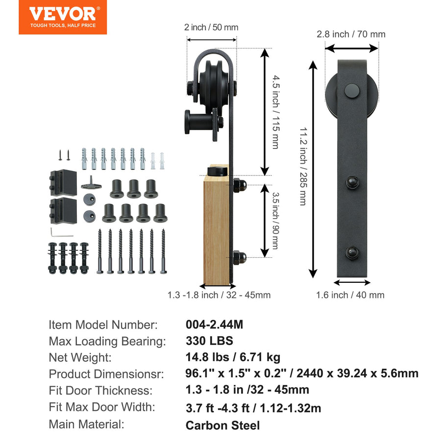 VEVOR 8FT Sliding Barn Door Hardware Closet Track Kit for Single Door J Hanger, image 7