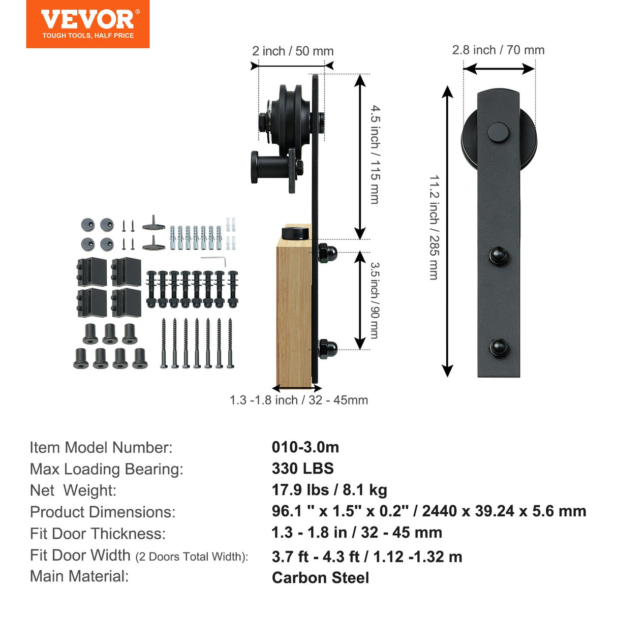 VEVOR 8FT Sliding Barn Door Hardware Closet Track Kit for Double Doors I Hanger