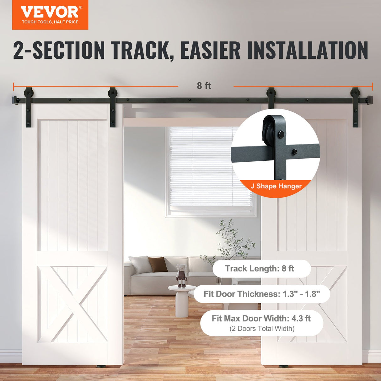 2440 mm Sliding Barn Door Hardware Closet Track Kit for Double Doors J Hanger