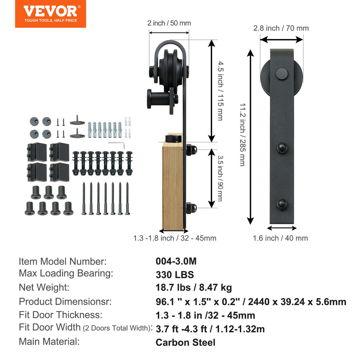2440 mm Sliding Barn Door Hardware Closet Track Kit for Double Doors J Hanger