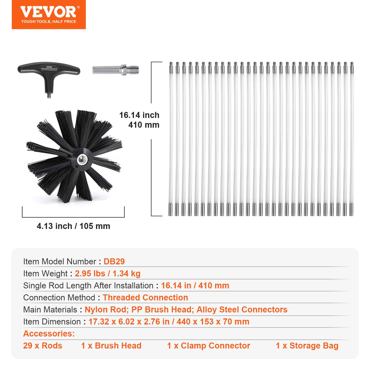 VEVOR 12.2M Dryer Vent Cleaner Kit, 29 Pieces Duct Cleaning Brush, Reinforced Nylon Dryer Vent Brush, Dryer Cleaning Tools Lint Remover with Flexible