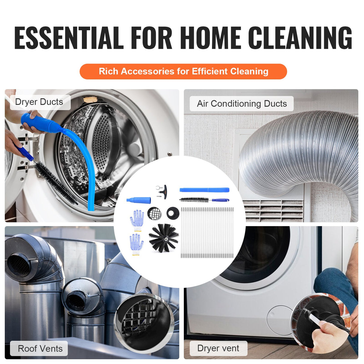 VEVOR 12.2M Dryer Vent Cleaner Kit, 29 Pieces Duct Cleaning Brush, Reinforced Nylon Dryer Vent Brush with Complete Accessories, Dryer Cleaning Kit