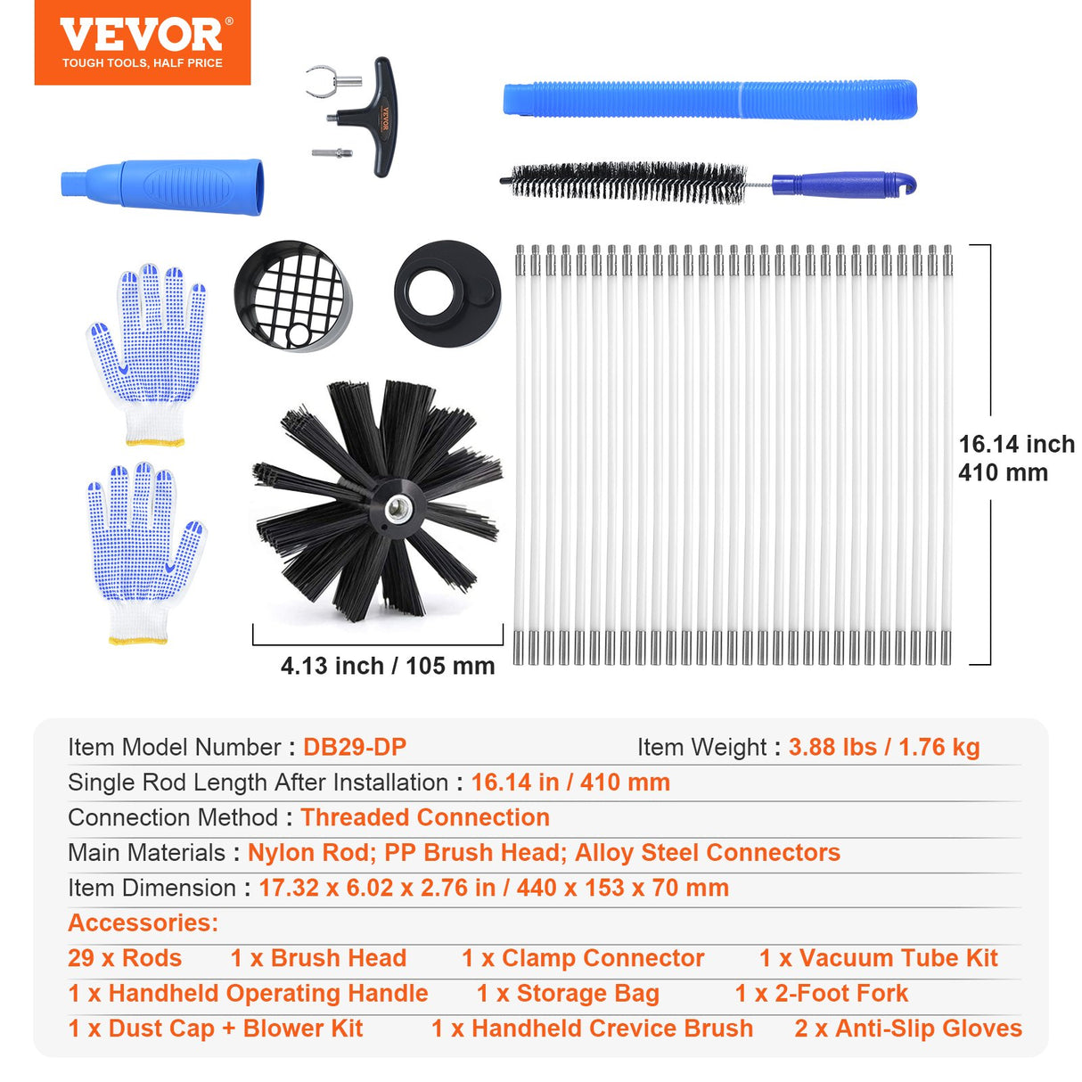 VEVOR 12.2M Dryer Vent Cleaner Kit, 29 Pieces Duct Cleaning Brush, Reinforced Nylon Dryer Vent Brush with Complete Accessories, Dryer Cleaning Kit