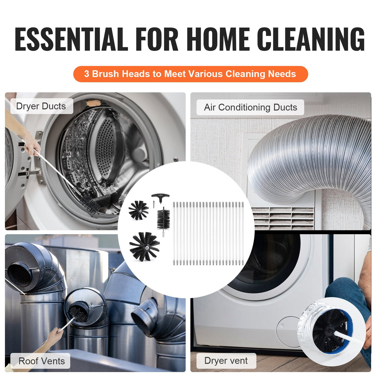 VEVOR 22 Pieces 9.1M Dryer Vent Cleaner Kit, Include 3 Different Sizes Flexible Lint Trap Brush, Reinforced Nylon Duct Cleaning Dryer Vent Brush,