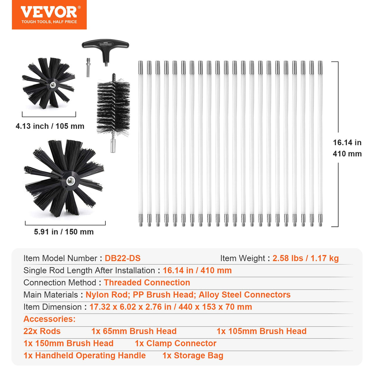 VEVOR 22 Pieces 9.1M Dryer Vent Cleaner Kit, Include 3 Different Sizes Flexible Lint Trap Brush, Reinforced Nylon Duct Cleaning Dryer Vent Brush,