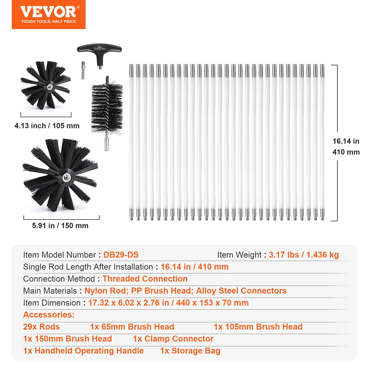 VEVOR 29 Pieces 12.2M Dryer Vent Cleaner Kit, Include 3 Different Sizes Flexible Lint Trap Brush, Reinforced Nylon Duct Cleaning Dryer Vent Brush,