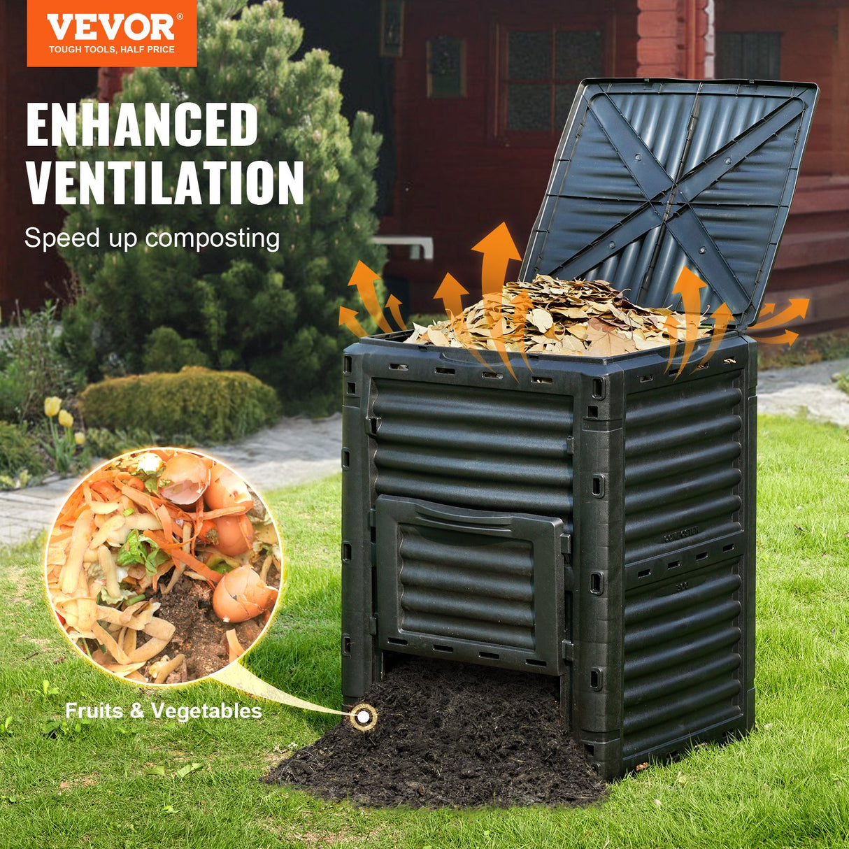 VEVOR Garden Compost Bin 300 L, BPA Free Composter, Large Capacity Outdoor Composting Bin with Top Lid and Bottom Door, Easy Assembling, Lightweight, Fast Creation of Fertile Soil