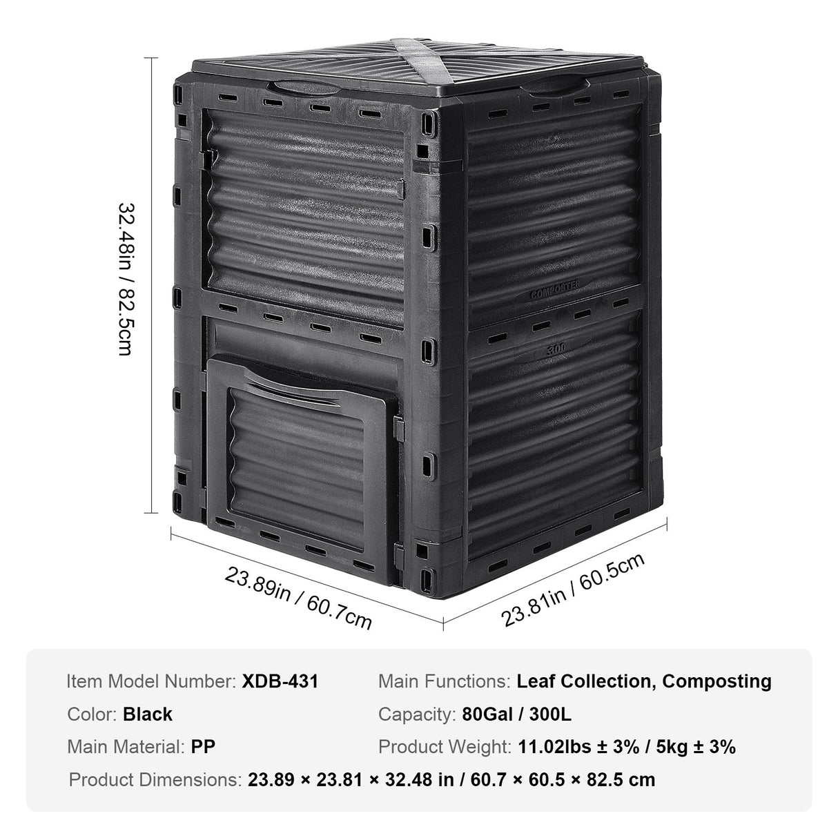 VEVOR Garden Compost Bin 300 L, BPA Free Composter, Large Capacity Outdoor Composting Bin with Top Lid and Bottom Door, Easy Assembling, Lightweight,