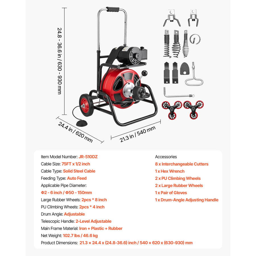 Drain Cleaner Machine 22m x 12.7mm, Auto Feed Sewer Snake Auger, Portable Drain Cleaning Machine with Climbing Wheels, Adjustable Drum, 8 Cutters & Foot Switch for 50mm to 150mm Pipes