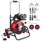 Drain Cleaner Machine 30m x 12.7mm, Auto Feed Sewer Snake Auger, Portable Drain Cleaning Machine with Climbing Wheels, Adjustable Drum, 8 Cutters & Foot Switch for 50mm to 150mm Pipes