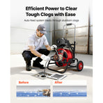 Drain Cleaner Machine 30m x 12.7mm, Auto Feed Sewer Snake Auger, Portable Drain Cleaning Machine with Climbing Wheels, Adjustable Drum, 8 Cutters & Foot Switch for 50mm to 150mm Pipes