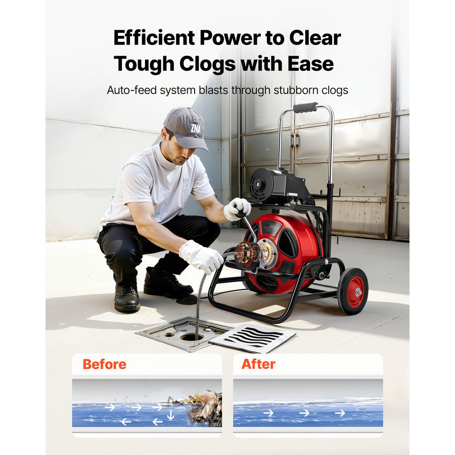 Drain Cleaner Machine 30m x 12.7mm, Auto Feed Sewer Snake Auger, Portable Drain Cleaning Machine with Climbing Wheels, Adjustable Drum, 8 Cutters & Foot Switch for 50mm to 150mm Pipes