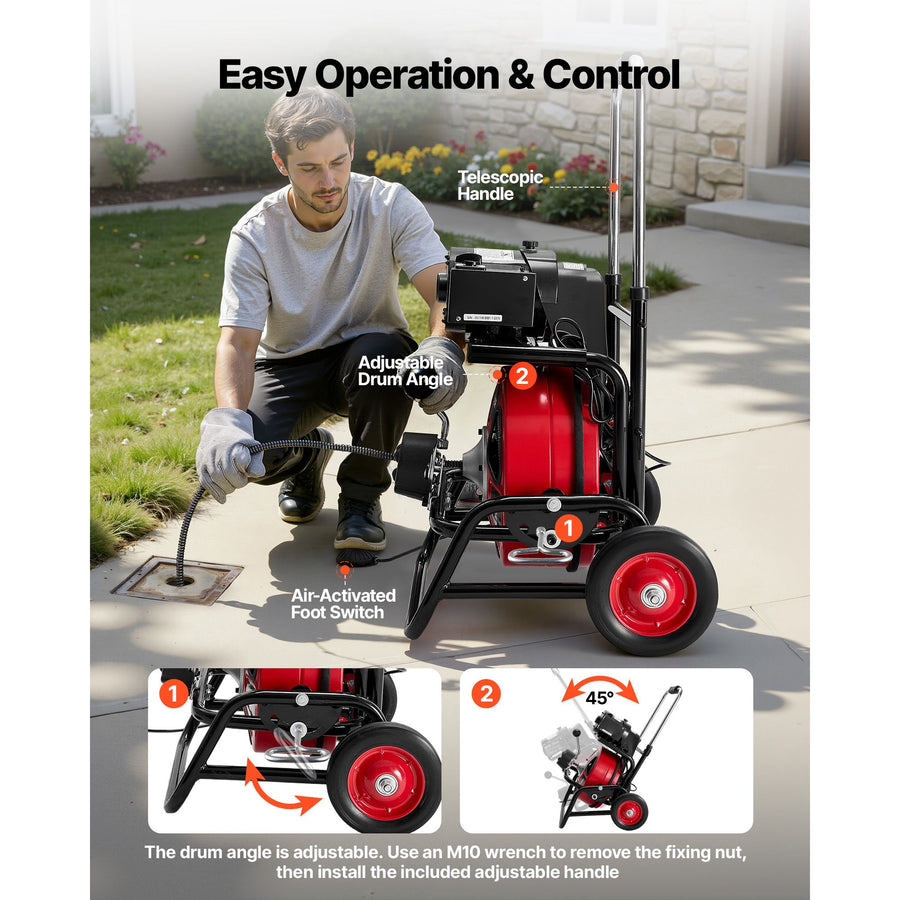 Drain Cleaner Machine 30m x 12.7mm, Auto Feed Sewer Snake Auger, Portable Drain Cleaning Machine with Climbing Wheels, Adjustable Drum, 8 Cutters & Foot Switch for 50mm to 150mm Pipes