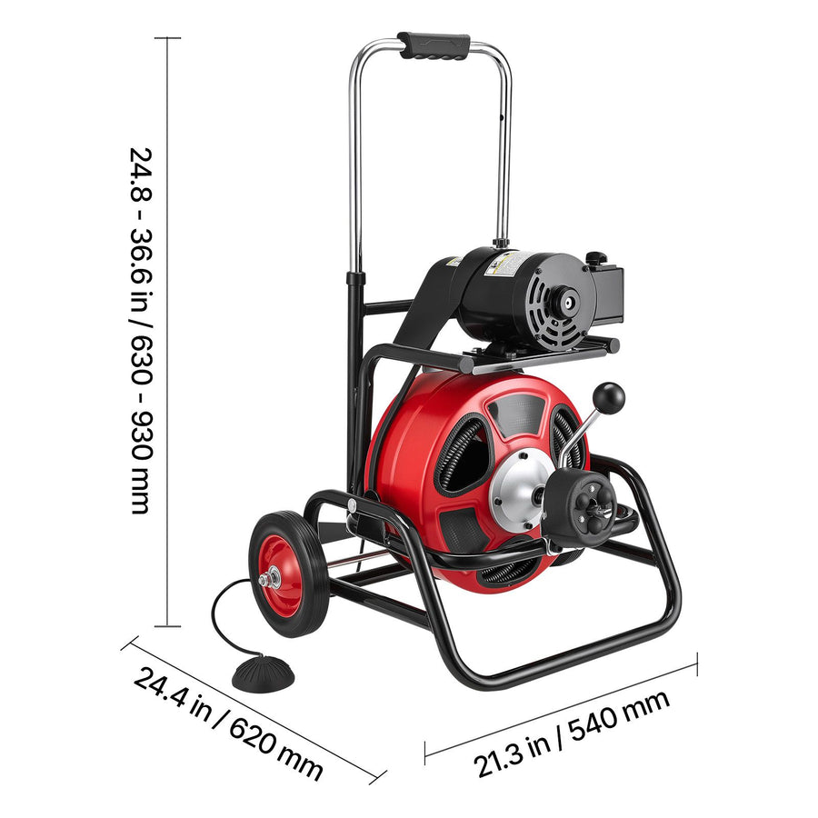 Drain Cleaner Machine 30m x 12.7mm, Auto Feed Sewer Snake Auger, Portable Drain Cleaning Machine with Climbing Wheels, Adjustable Drum, 8 Cutters & Foot Switch for 50mm to 150mm Pipes