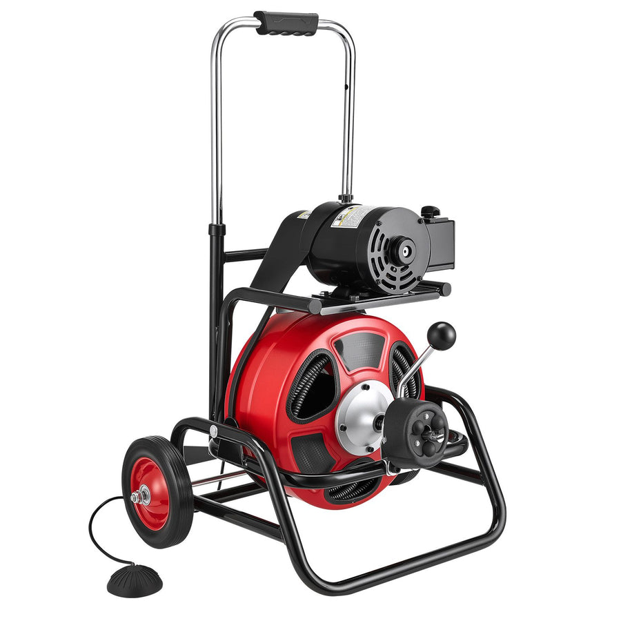 Drain Cleaner Machine 30m x 12.7mm, Auto Feed Sewer Snake Auger, Portable Drain Cleaning Machine with Climbing Wheels, Adjustable Drum, 8 Cutters & Foot Switch for 50mm to 150mm Pipes