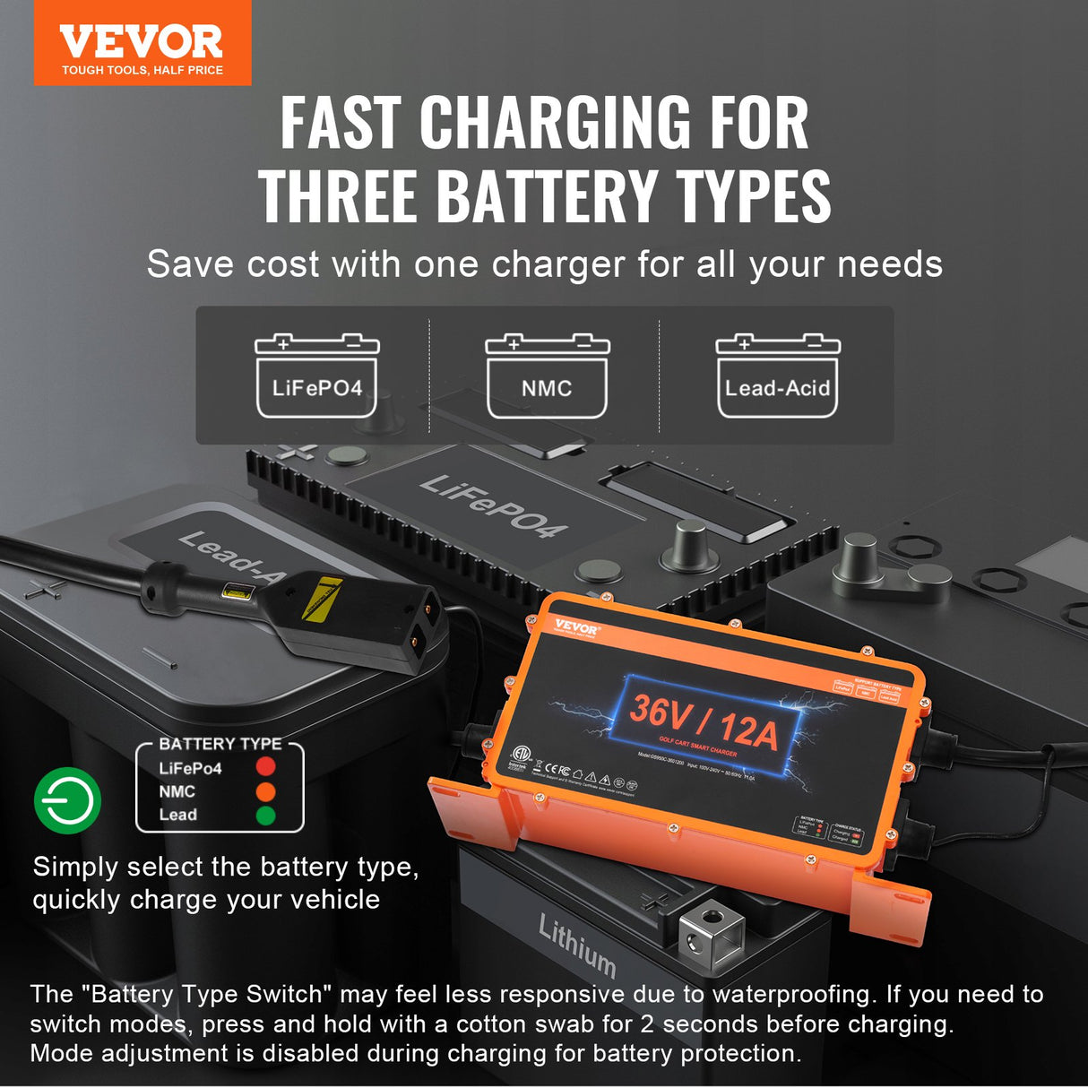 VEVOR 12 AMP Golf Cart Smart Battery Charger for EZGO D-Style IP67 ETL