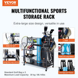 VEVOR Golf Storage Garage Organizer, 2 Golf Bag Stand Holder and Other Sports Equipment Storage Rack, Rolling Ball Cart on Wheels, Outdoor Sport Gear