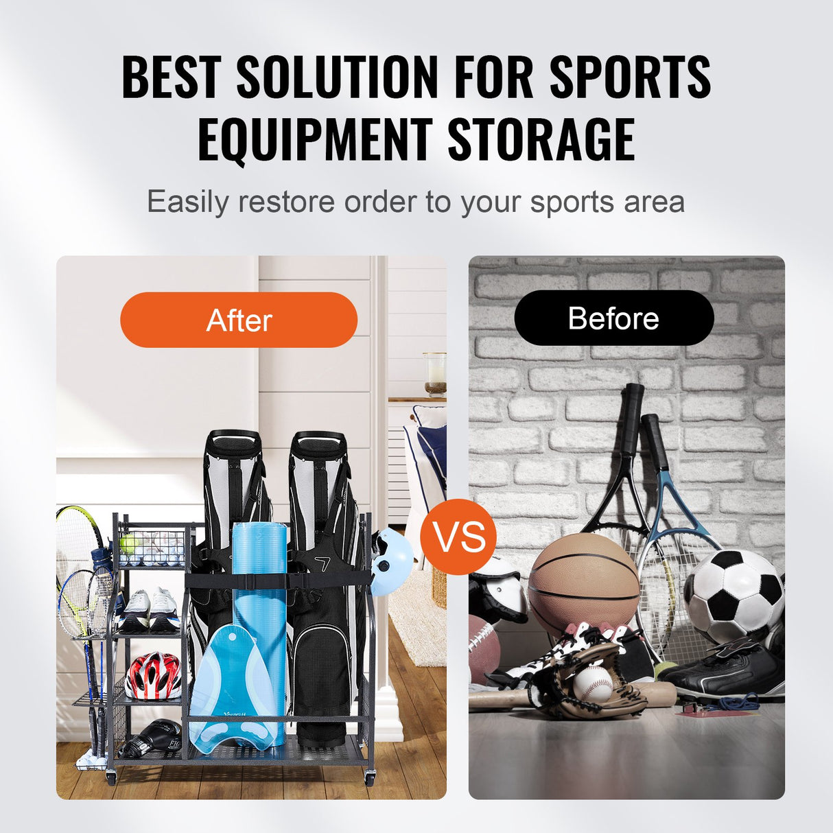 VEVOR Golf Storage Garage Organizer, 2 Golf Bag Stand Holder and Other Sports Equipment Storage Rack, Rolling Ball Cart on Wheels, Outdoor Sport Gear