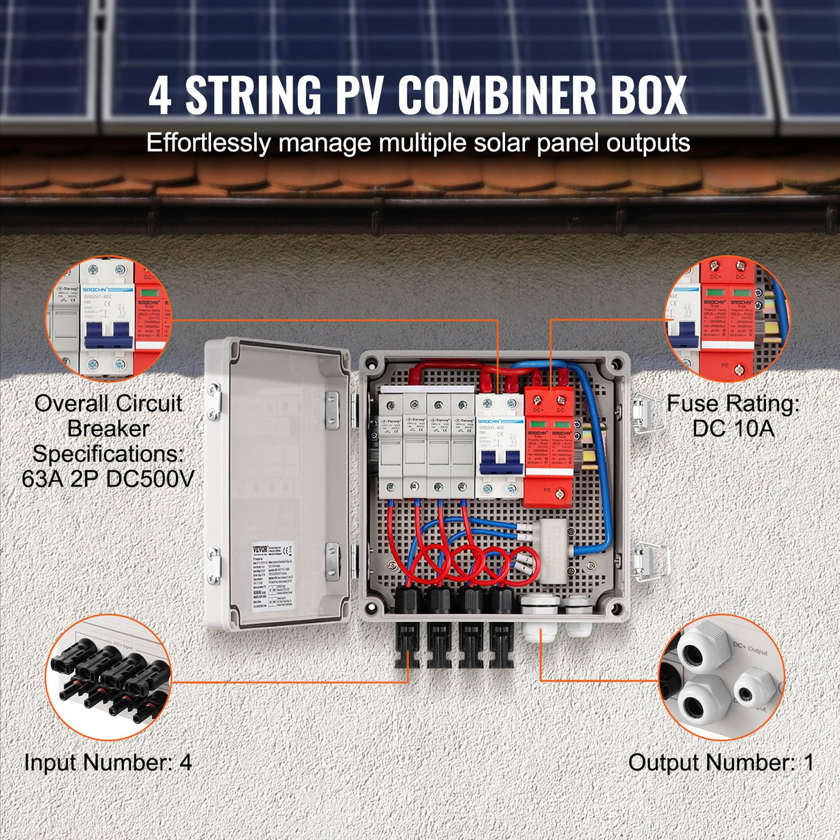 VEVOR Solar PV Combiner Box 4 String 10A for Solar Panel System ABS Case IP65