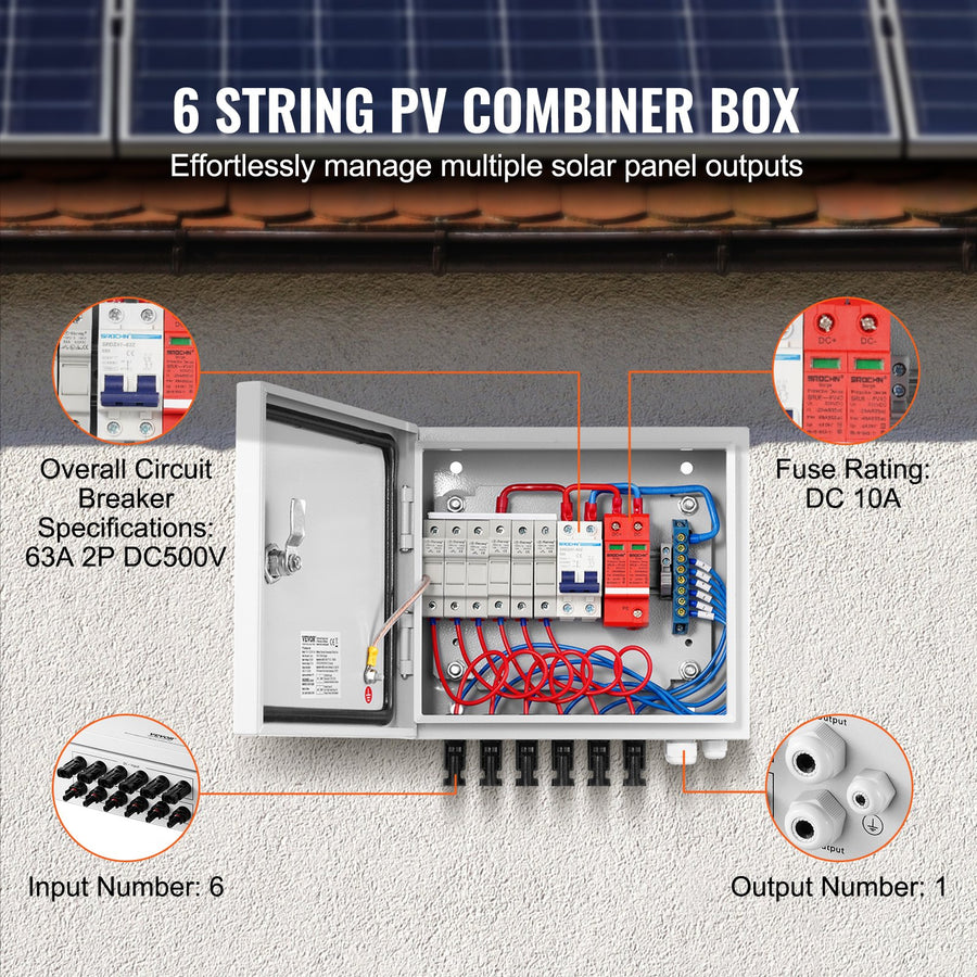 VEVOR Solar PV Combiner Box 6 String 10A for Solar Panel System Steel Case IP65, image 3