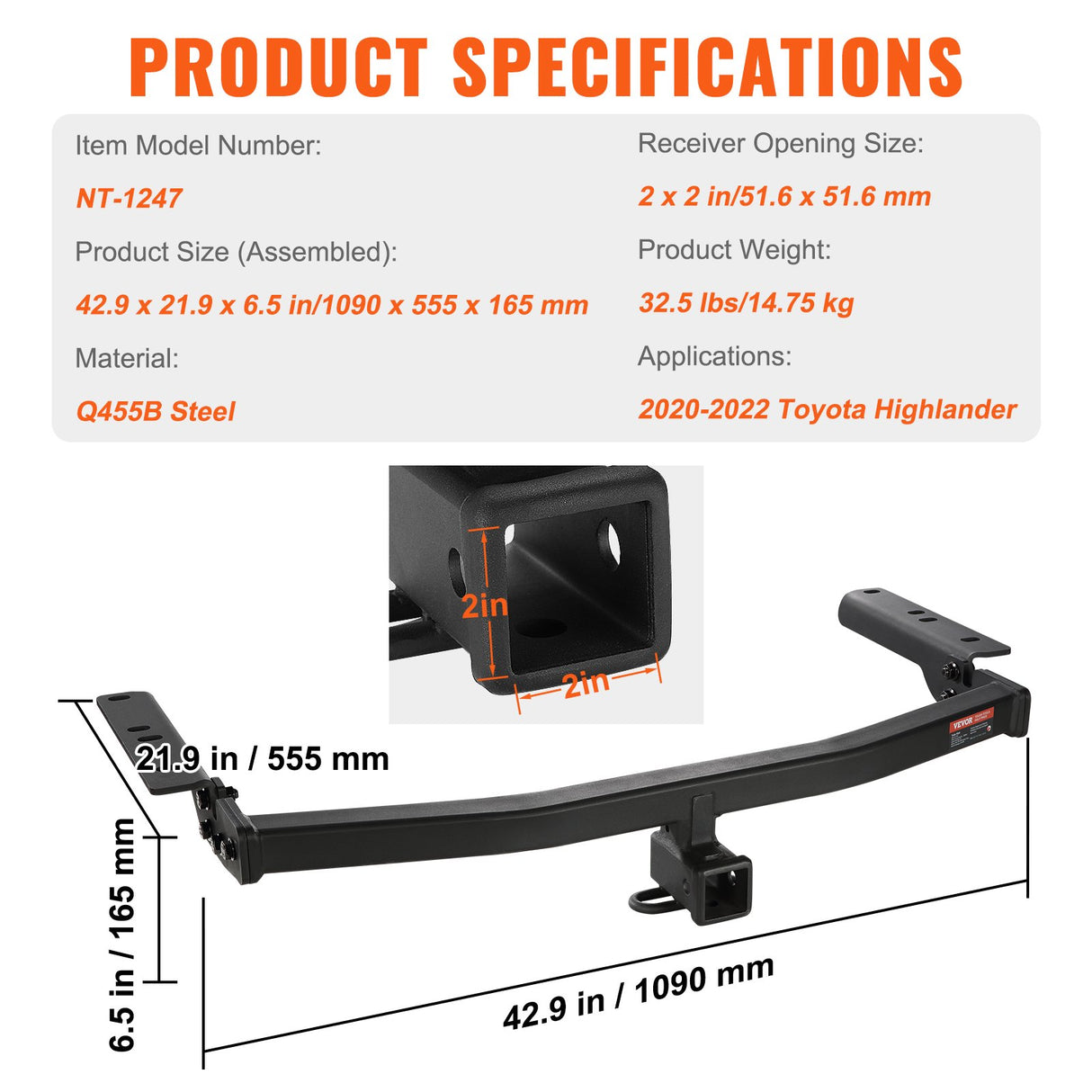 VEVOR Class 3 Trailer Hitch, 2-Inch Receiver, Q455B Steel Tube Frame, Compatible with 2020-2023 Toyota Highlander, Multi-Fit Hitch to Receive Ball