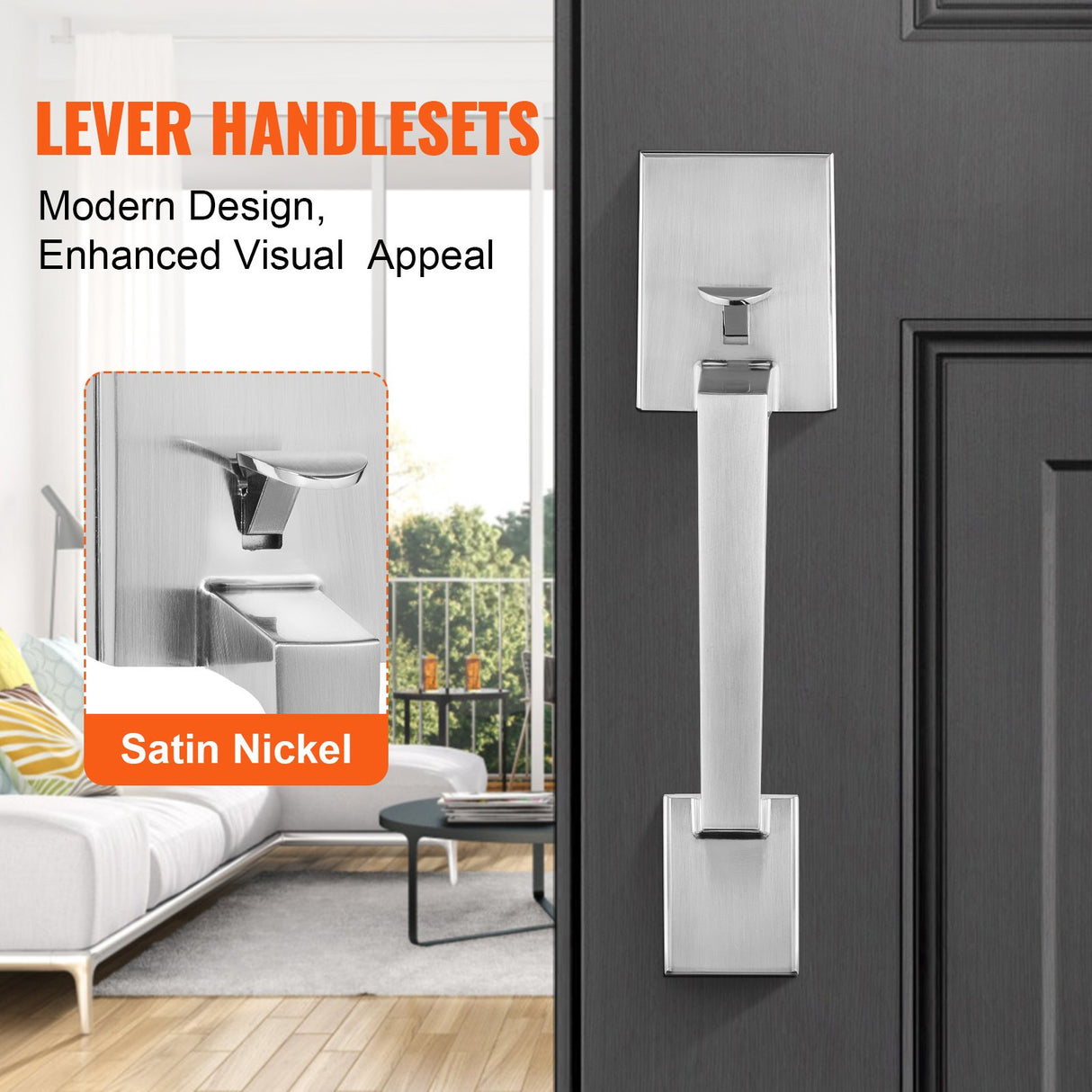 VEVOR Entry Door Handle, Satin Nickel Square Handle Set with Lever Door Handle No Lock, Adjustable Hole Space, Front Door Handle with Reversible for