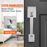VEVOR Entry Door Handle, Satin Nickel Square Handle Set with Lever Door Handle No Lock, Adjustable Hole Space, Front Door Handle with Reversible for - Rear View
