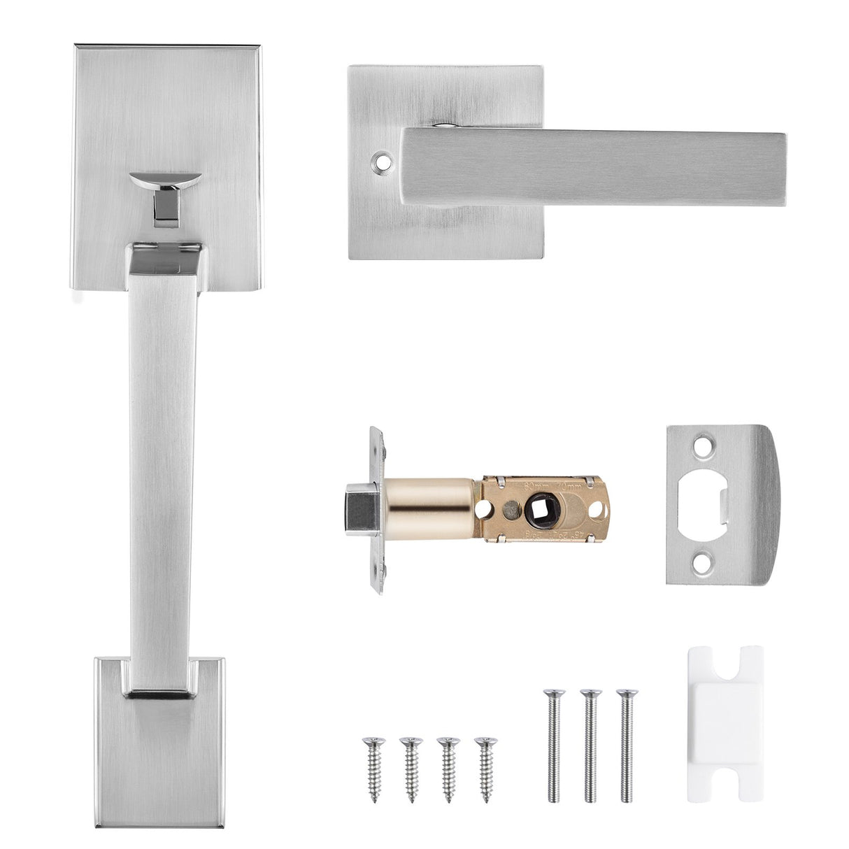 VEVOR Entry Door Handle, Satin Nickel Square Handle Set with Lever Door Handle No Lock, Adjustable Hole Space, Front Door Handle with Reversible for
