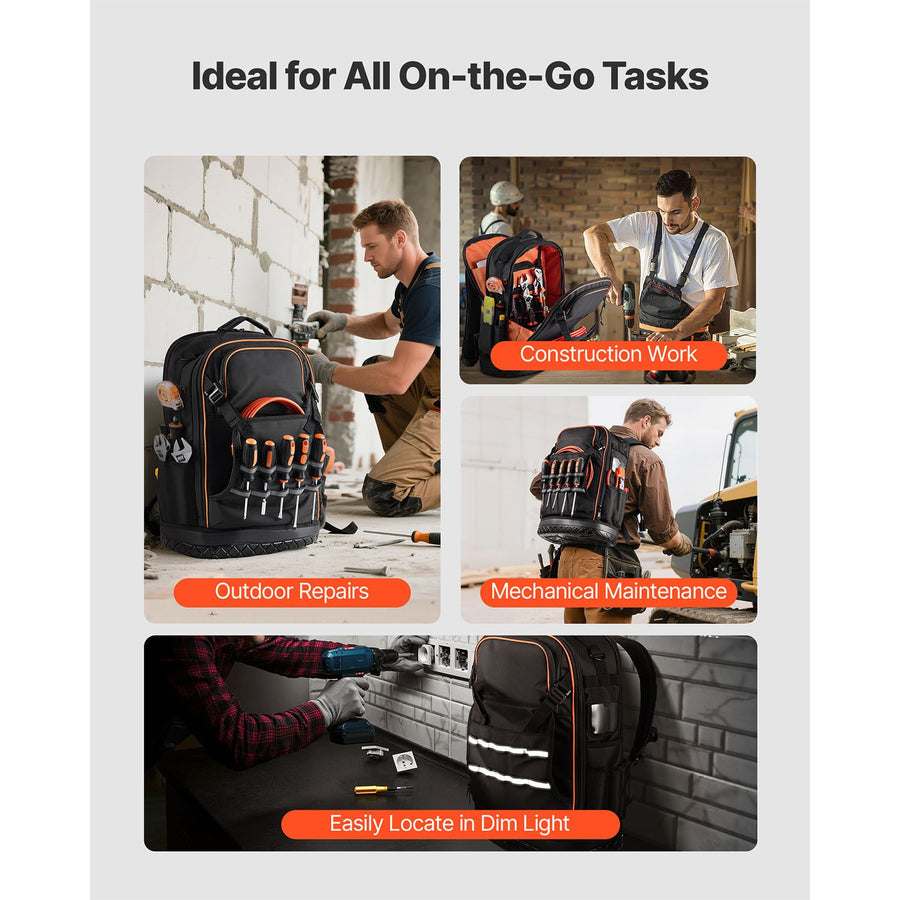 Tool Backpack, 65 Pockets, Heavy-duty Tools Storage Organizer Work Bags with Laptop Compartment & Molded Base, Electrician Jobsite Backpack for Electrician, Repairman, and HVAC Techs