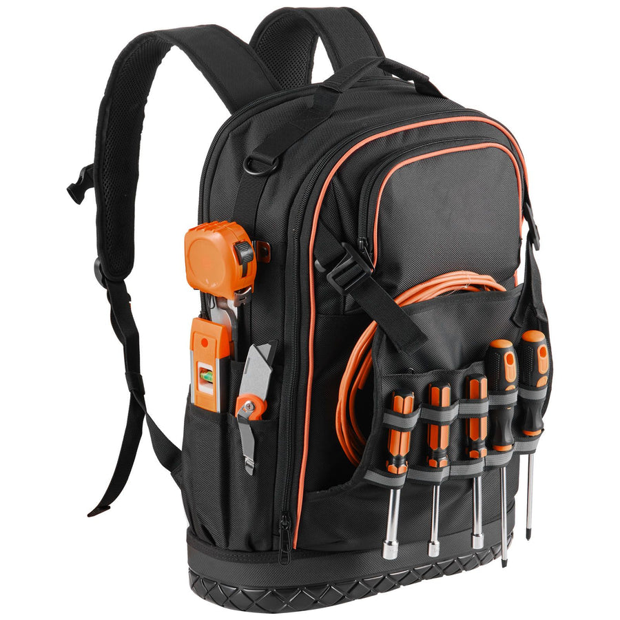 Tool Backpack, 65 Pockets, Heavy-duty Tools Storage Organizer Work Bags with Laptop Compartment & Molded Base, Electrician Jobsite Backpack for Electrician, Repairman, and HVAC Techs