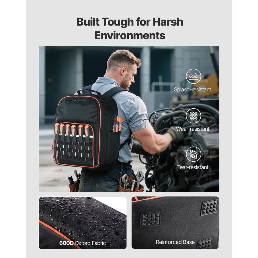 Tool Backpack, 49 Pockets, Heavy-duty Tools Storage Organizer Work Bags with Laptop Compartment & Reinforced Fabric Base, Electrician Jobsite Backpack for Electrician, Repairman