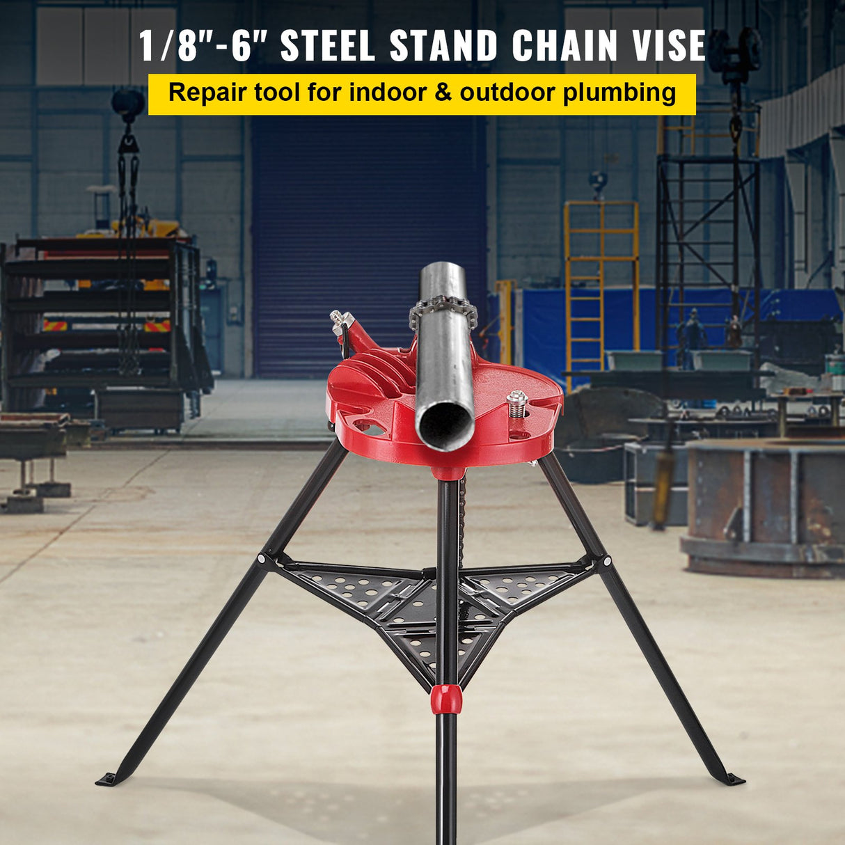 VEVOR Tripod Pipe Chain Vice Stand 1/8" to 6" w/ Steel Legs & Rubber Mounts Bib
