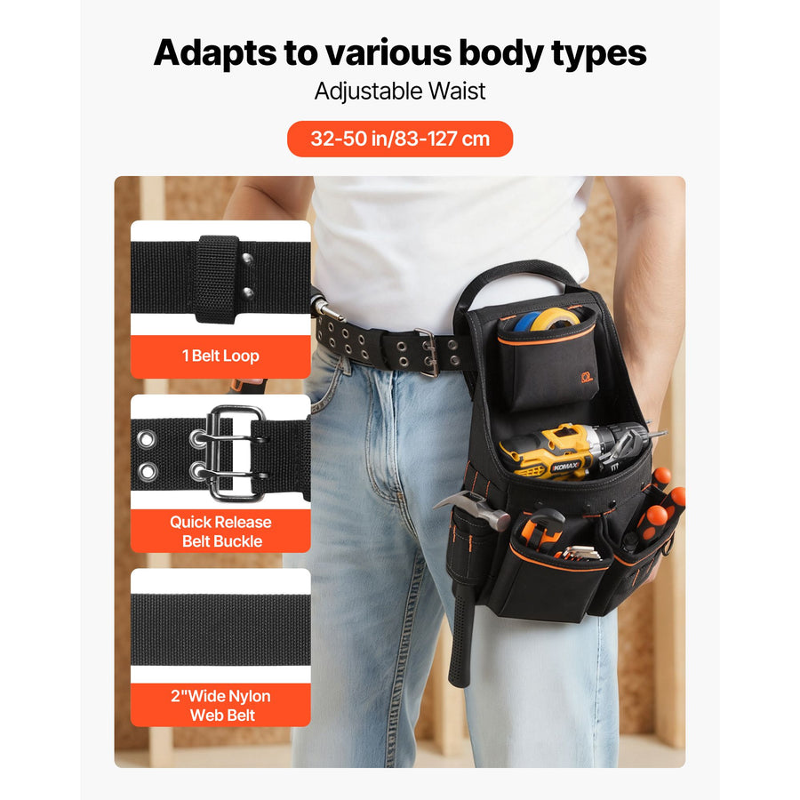 Tool Pouch with Belt, 14 Pockets Professional Tool Belt Pouch for Men, Heavy Duty Detachable Adjustable Utility Work Bag for Electrician, Carpenter, Construction, Adjusts Waist 83 cm to 127 cm