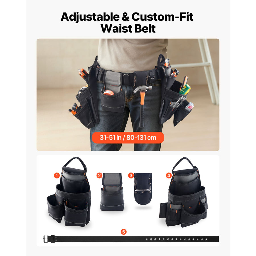 Tool Belt, 18 Pockets Professional Tool Pouch for Men, Heavy Duty Adjustable Utility Belt Detachable Work Bag for Electrician, Carpenter, Construction, Work Apron Organizer, Adjusts 80-131 cm