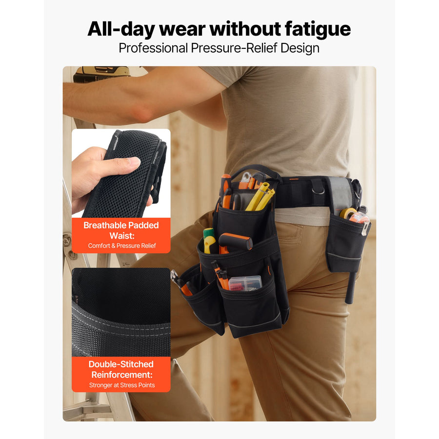 Tool Belt, 18 Pockets Professional Tool Pouch for Men, Heavy Duty Adjustable Utility Belt Detachable Work Bag for Electrician, Carpenter, Construction, Work Apron Organizer, Adjusts 80-131 cm